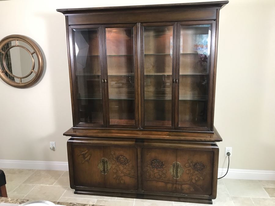 Stunning Wooden 2-Piece Chinoiserie China Display Cabinet With Lower Storage Carved Rose And Bird Motif [Photo 3]
