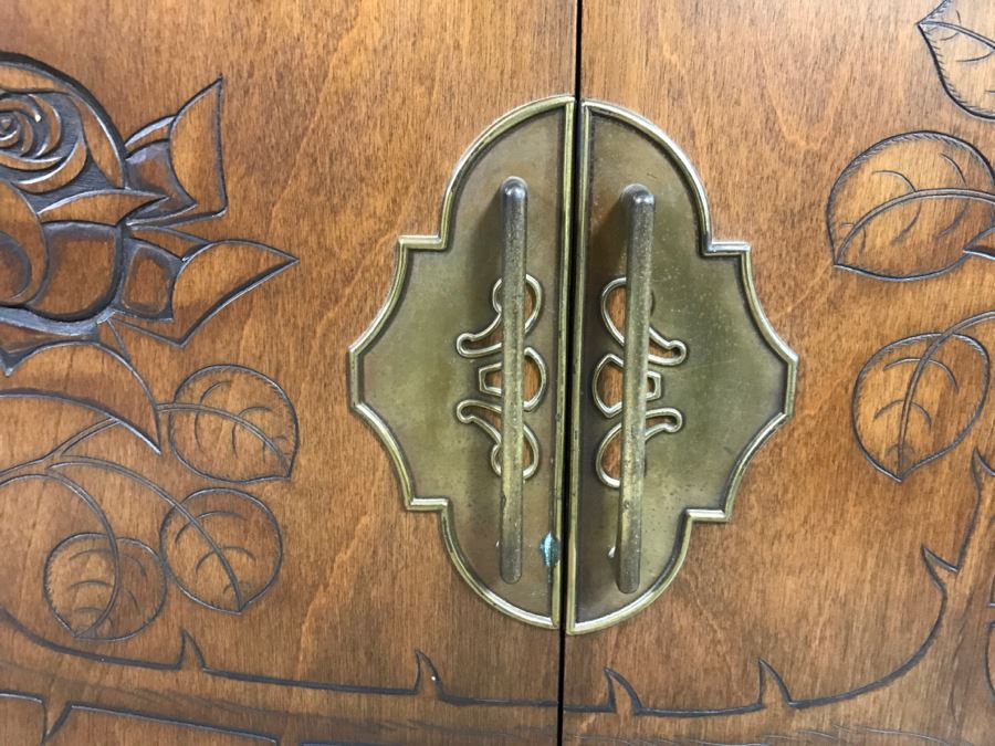 Stunning Wooden 2-Piece Chinoiserie China Display Cabinet With Lower Storage Carved Rose And Bird Motif [Photo 12]