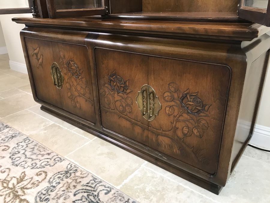 Stunning Wooden 2-Piece Chinoiserie China Display Cabinet With Lower Storage Carved Rose And Bird Motif [Photo 7]