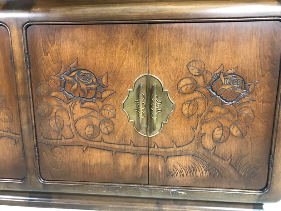 Stunning Wooden 2-Piece Chinoiserie China Display Cabinet With Lower Storage Carved Rose And Bird Motif [Photo 10]