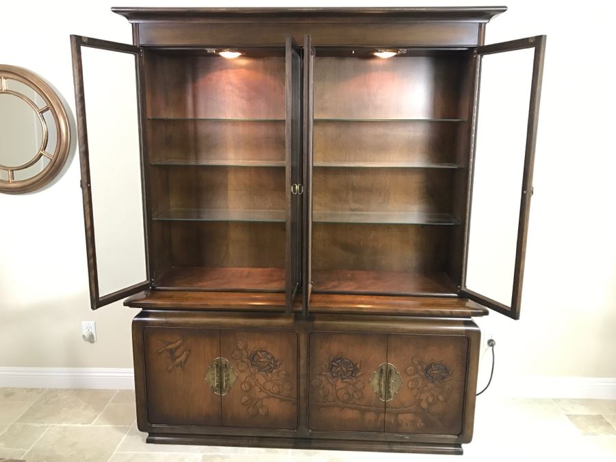 Stunning Wooden 2-Piece Chinoiserie China Display Cabinet With Lower Storage Carved Rose And Bird Motif [Photo 6]