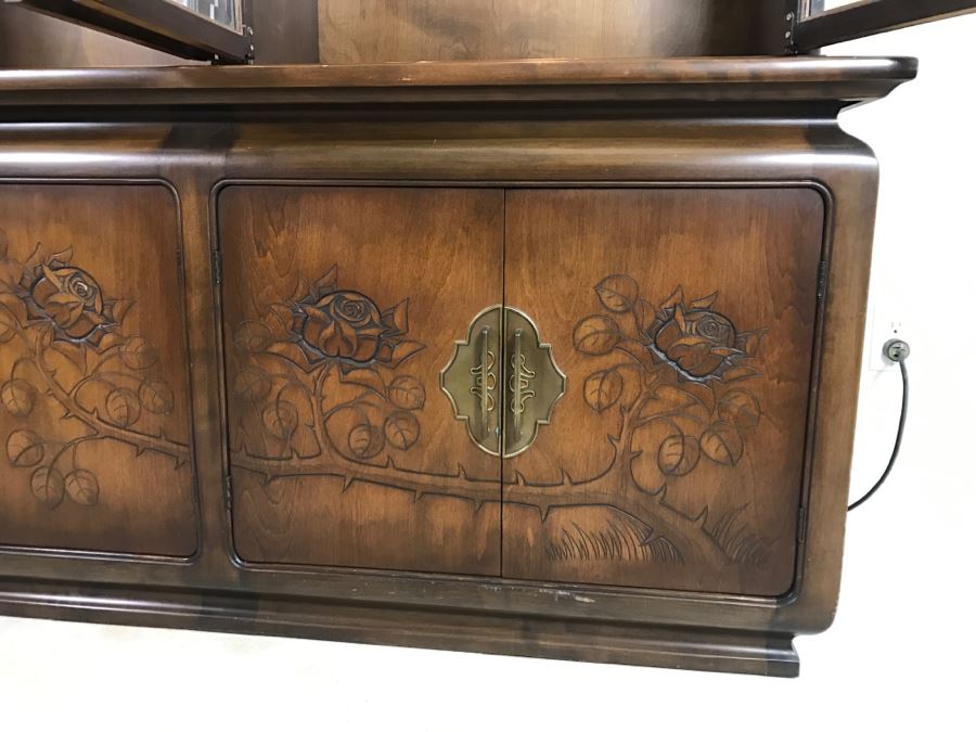 Stunning Wooden 2-Piece Chinoiserie China Display Cabinet With Lower Storage Carved Rose And Bird Motif [Photo 9]