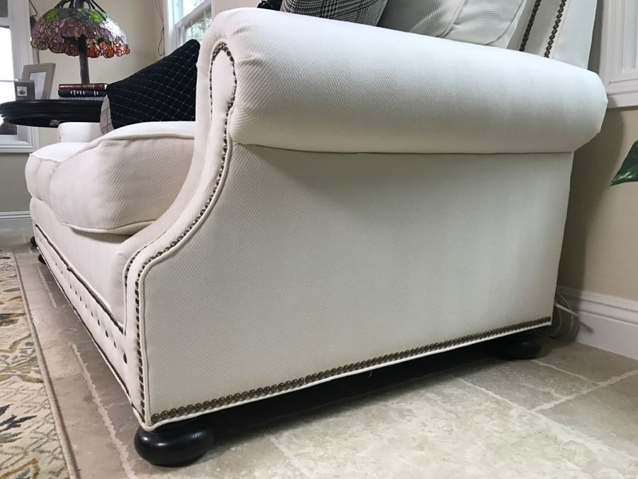 Tommy Bahama White Designer Sofa With Nailhead Trim And 4 Throw Pillows Like New [Photo 6]