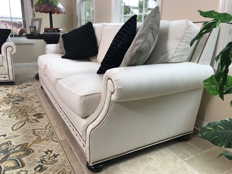 Tommy Bahama White Designer Sofa With Nailhead Trim And 4 Throw Pillows Like New [Photo 3]
