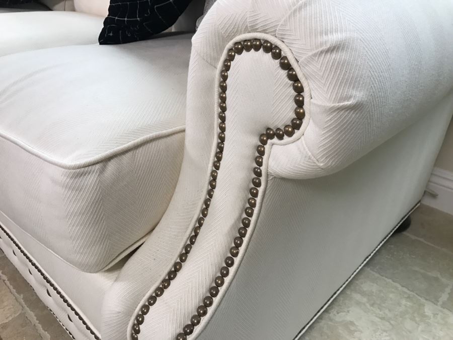Tommy Bahama White Designer Sofa With Nailhead Trim And 4 Throw Pillows Like New [Photo 5]