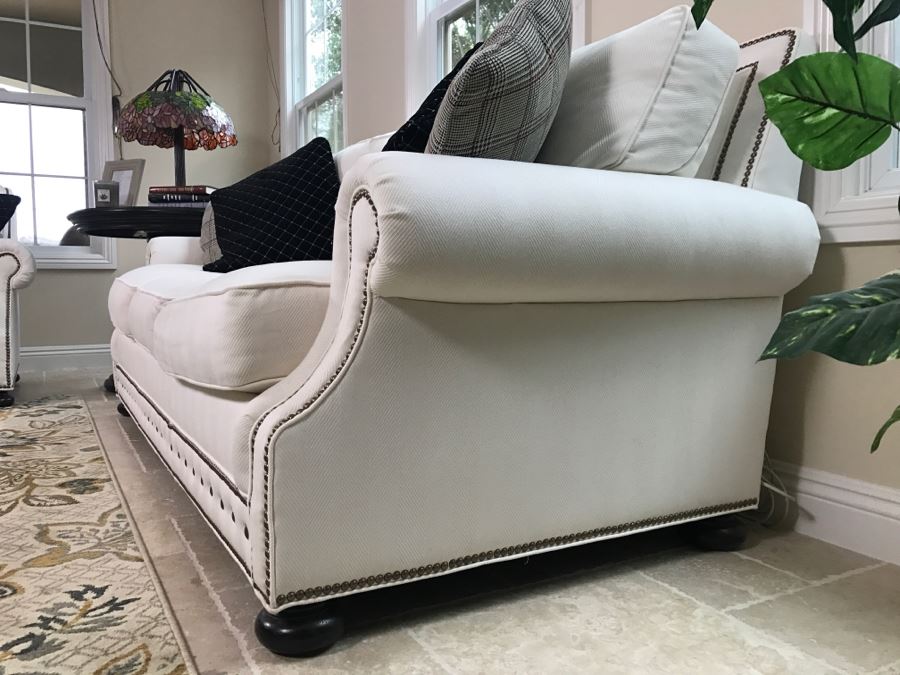 Tommy Bahama White Designer Sofa With Nailhead Trim And 4 Throw Pillows Like New [Photo 7]