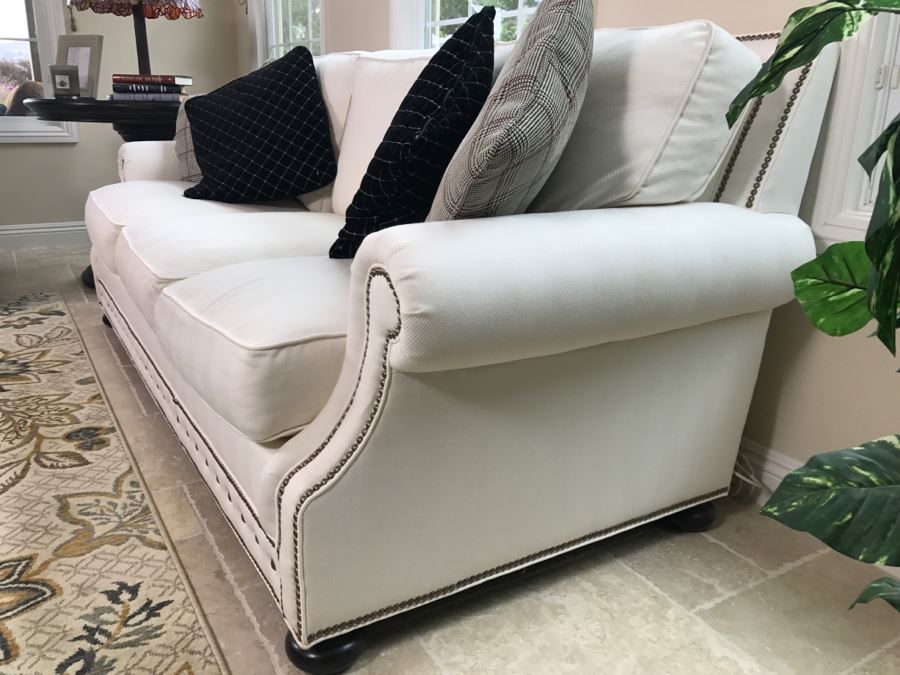 Tommy Bahama White Designer Sofa With Nailhead Trim And 4 Throw Pillows Like New [Photo 4]
