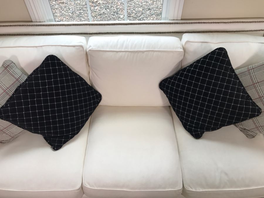 Tommy Bahama White Designer Sofa With Nailhead Trim And 4 Throw Pillows Like New [Photo 10]