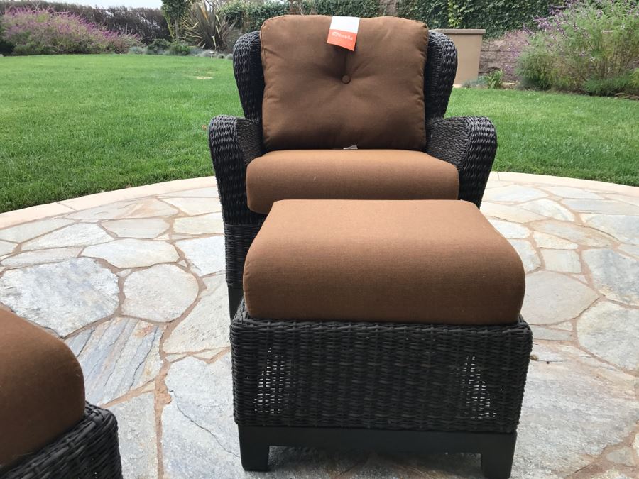 Pair Of Outdoor Faux Wicker Armchairs With Ottomans Sunbrella Cushions Stored Inside Like New [Photo 5]