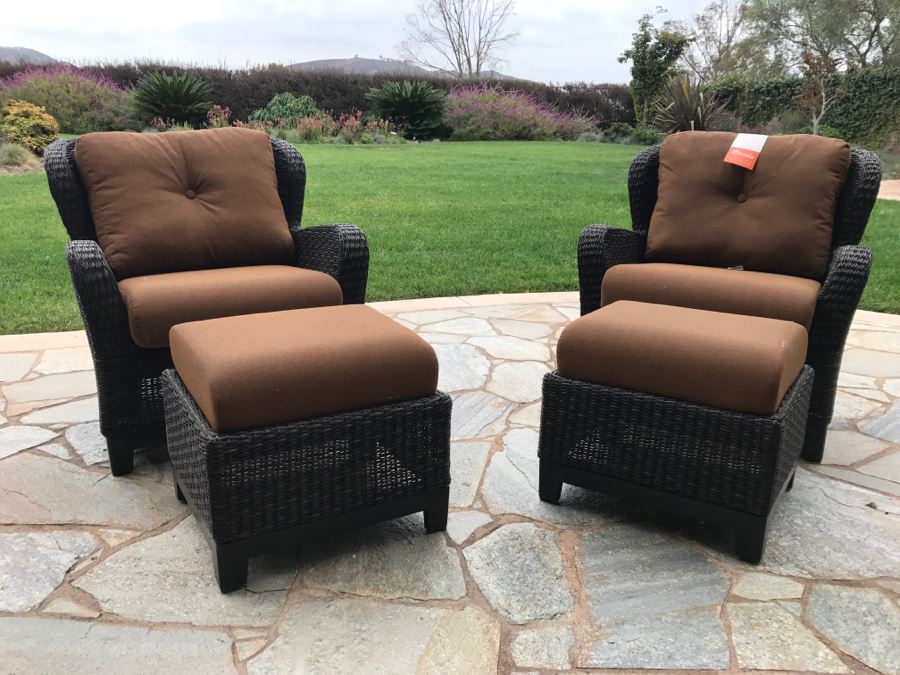 Pair Of Outdoor Faux Wicker Armchairs With Ottomans Sunbrella Cushions Stored Inside Like New