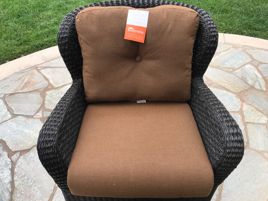 Pair Of Outdoor Faux Wicker Armchairs With Ottomans Sunbrella Cushions Stored Inside Like New [Photo 6]