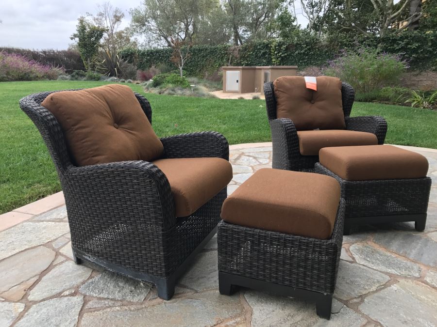 Pair Of Outdoor Faux Wicker Armchairs With Ottomans Sunbrella Cushions Stored Inside Like New [Photo 3]