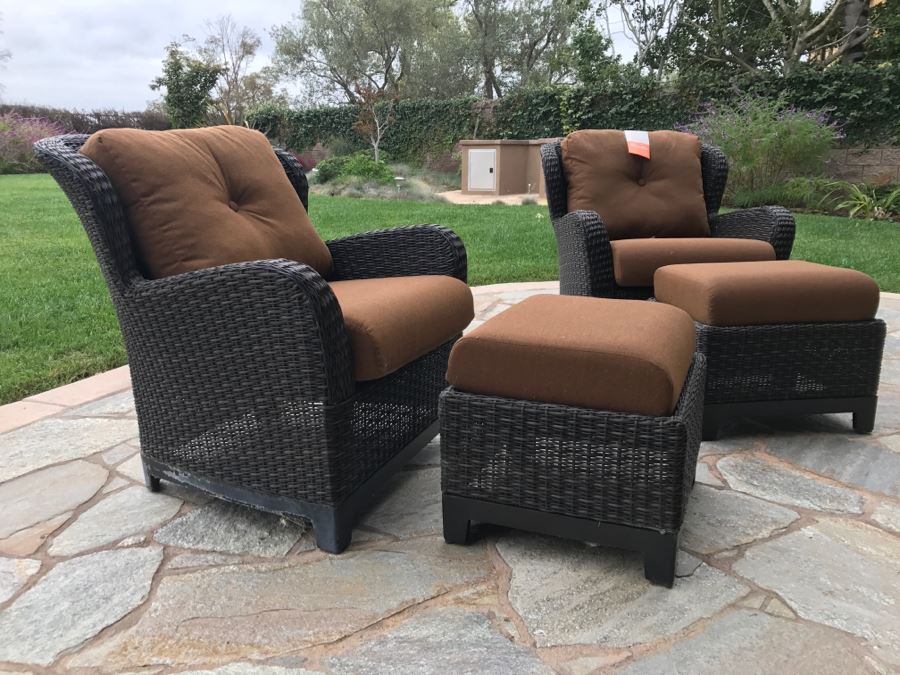 Pair Of Outdoor Faux Wicker Armchairs With Ottomans Sunbrella Cushions Stored Inside Like New [Photo 2]
