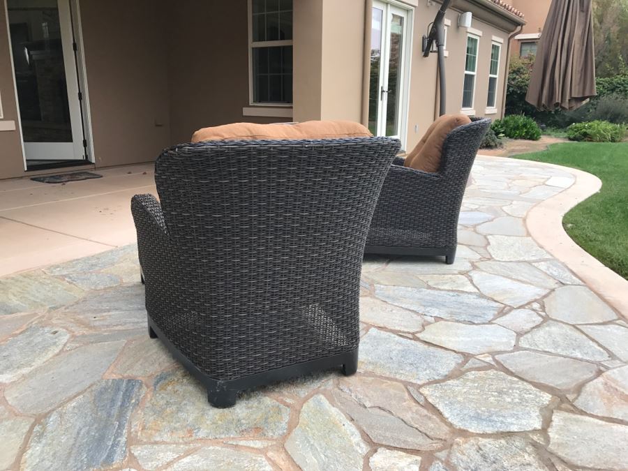 Pair Of Outdoor Faux Wicker Armchairs With Ottomans Sunbrella Cushions Stored Inside Like New [Photo 8]