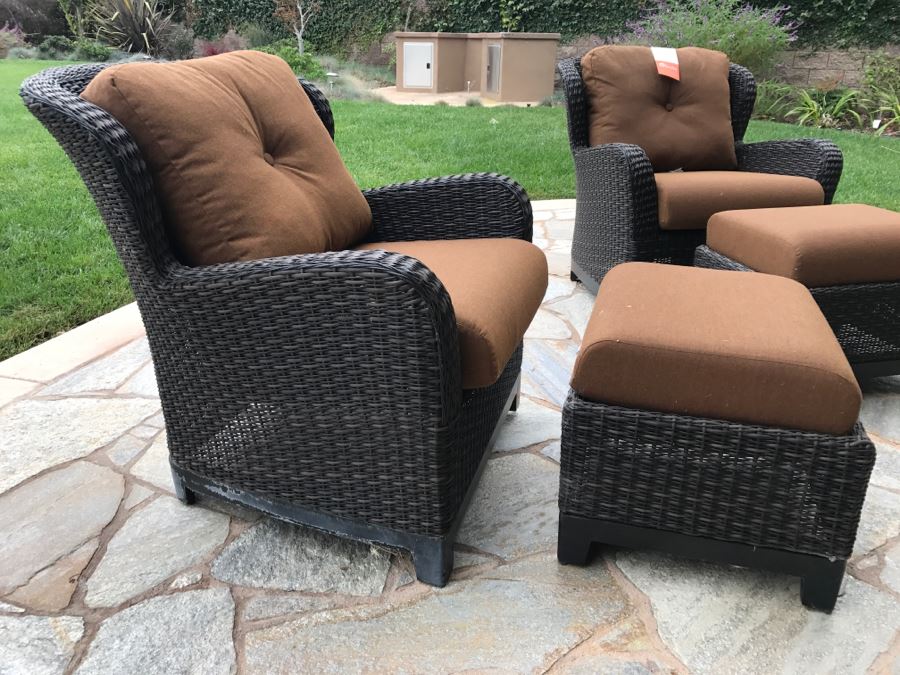 Pair Of Outdoor Faux Wicker Armchairs With Ottomans Sunbrella Cushions Stored Inside Like New [Photo 4]