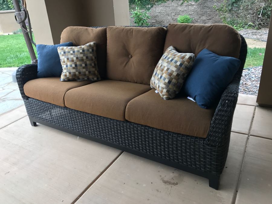 Outdoor Faux Wicker 81'W Sofa Sunbrella Cushions Stored Inside Like New