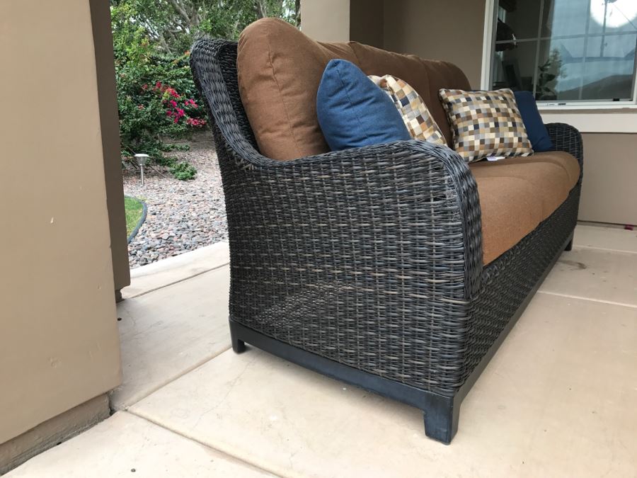 Outdoor Faux Wicker 81'W Sofa Sunbrella Cushions Stored Inside Like New [Photo 5]