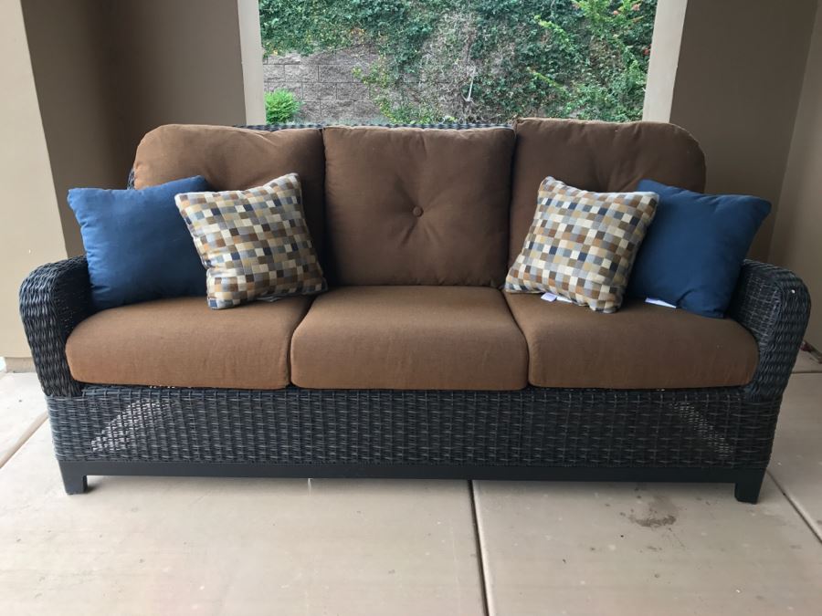 Outdoor Faux Wicker 81'W Sofa Sunbrella Cushions Stored Inside Like New [Photo 1]
