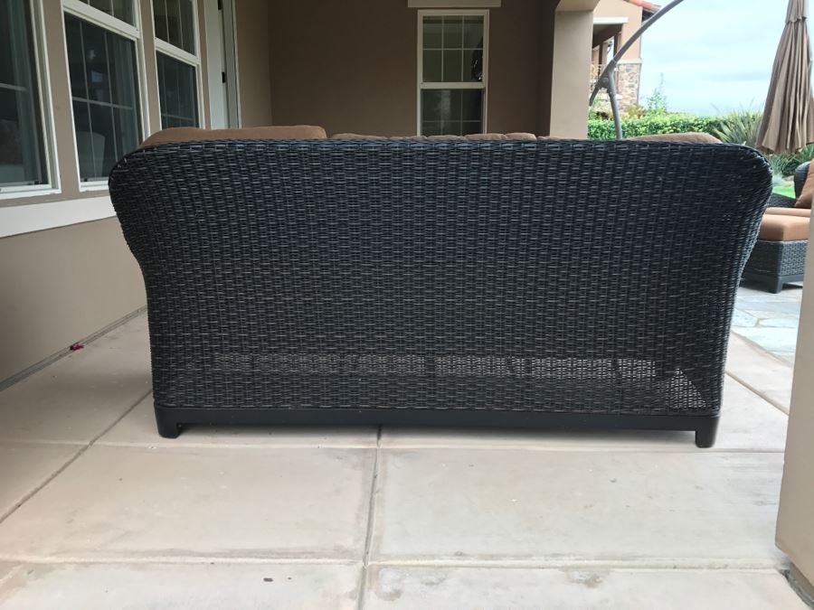 Outdoor Faux Wicker 81'W Sofa Sunbrella Cushions Stored Inside Like New [Photo 6]