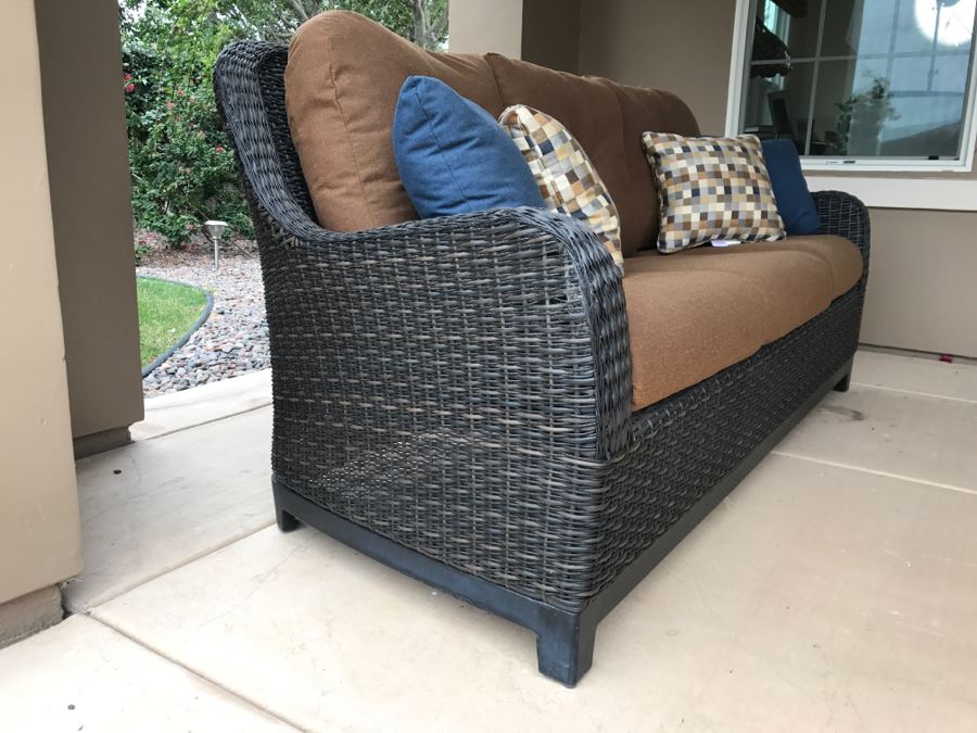 Outdoor Faux Wicker 81'W Sofa Sunbrella Cushions Stored Inside Like New [Photo 4]