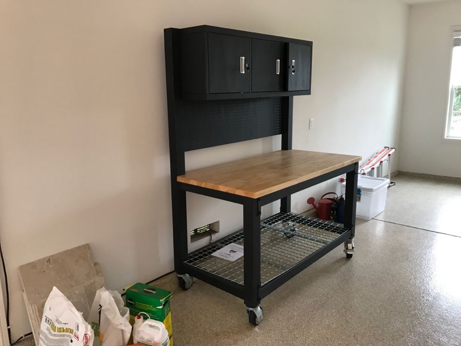 Heavy Duty Garage Butcher Block Top Workbench With Top Lockable Lockers On Heavy Duty Casters Like New [Photo 4]