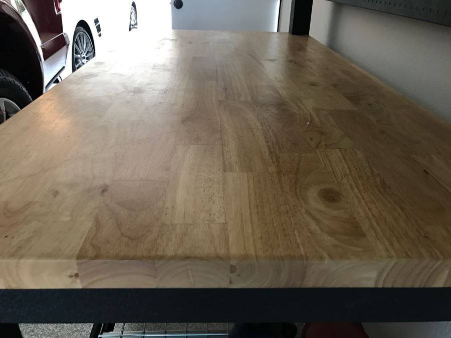 Heavy Duty Garage Butcher Block Top Workbench With Top Lockable Lockers On Heavy Duty Casters Like New [Photo 12]