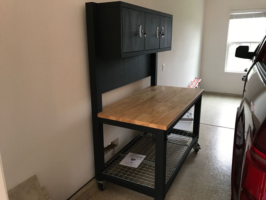 Heavy Duty Garage Butcher Block Top Workbench With Top Lockable Lockers On Heavy Duty Casters Like New [Photo 10]