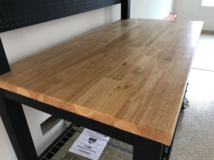 Heavy Duty Garage Butcher Block Top Workbench With Top Lockable Lockers On Heavy Duty Casters Like New [Photo 3]