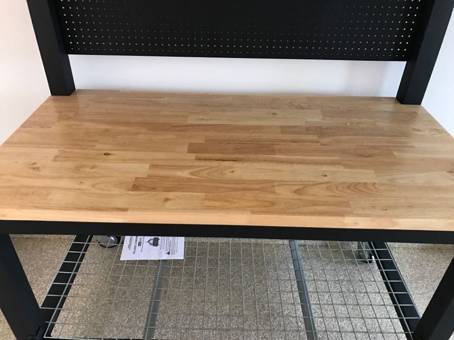 Heavy Duty Garage Butcher Block Top Workbench With Top Lockable Lockers On Heavy Duty Casters Like New [Photo 2]