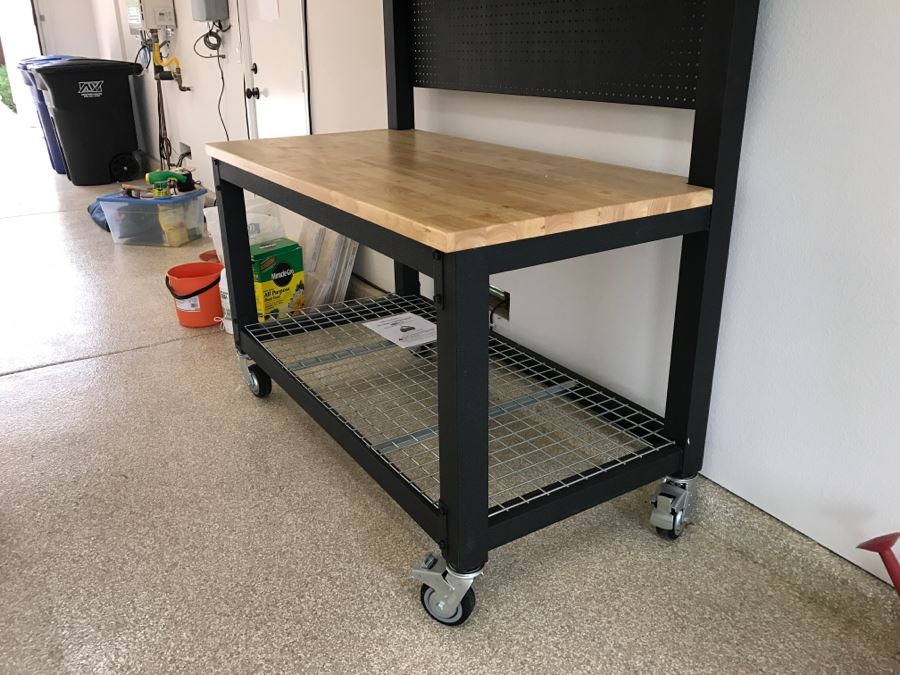 Heavy Duty Garage Butcher Block Top Workbench With Top Lockable Lockers On Heavy Duty Casters Like New [Photo 9]