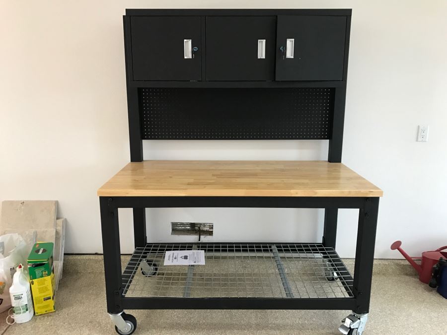 Heavy Duty Garage Butcher Block Top Workbench With Top Lockable Lockers On Heavy Duty Casters Like New [Photo 7]