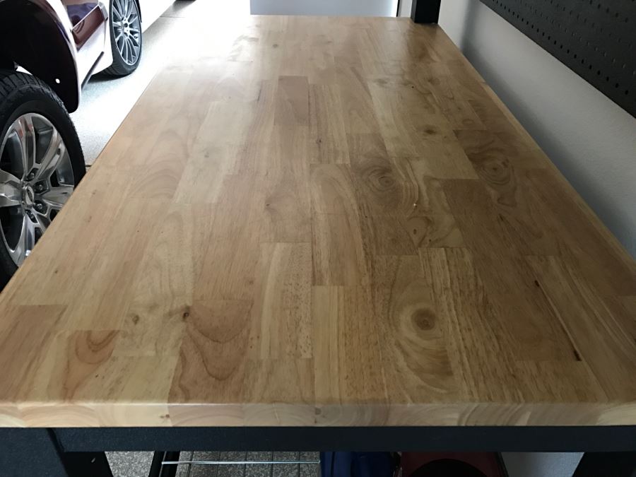 Heavy Duty Garage Butcher Block Top Workbench With Top Lockable Lockers On Heavy Duty Casters Like New [Photo 11]