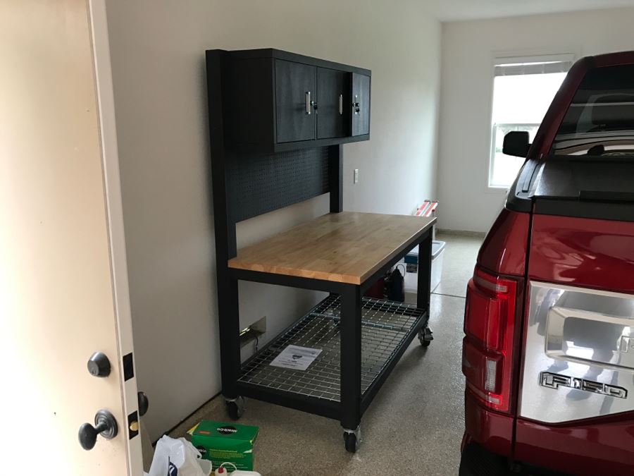 Heavy Duty Garage Butcher Block Top Workbench With Top Lockable Lockers On Heavy Duty Casters Like New [Photo 26]