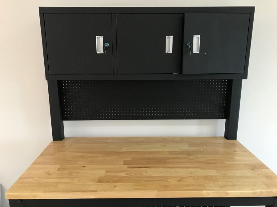 Heavy Duty Garage Butcher Block Top Workbench With Top Lockable Lockers On Heavy Duty Casters Like New [Photo 5]