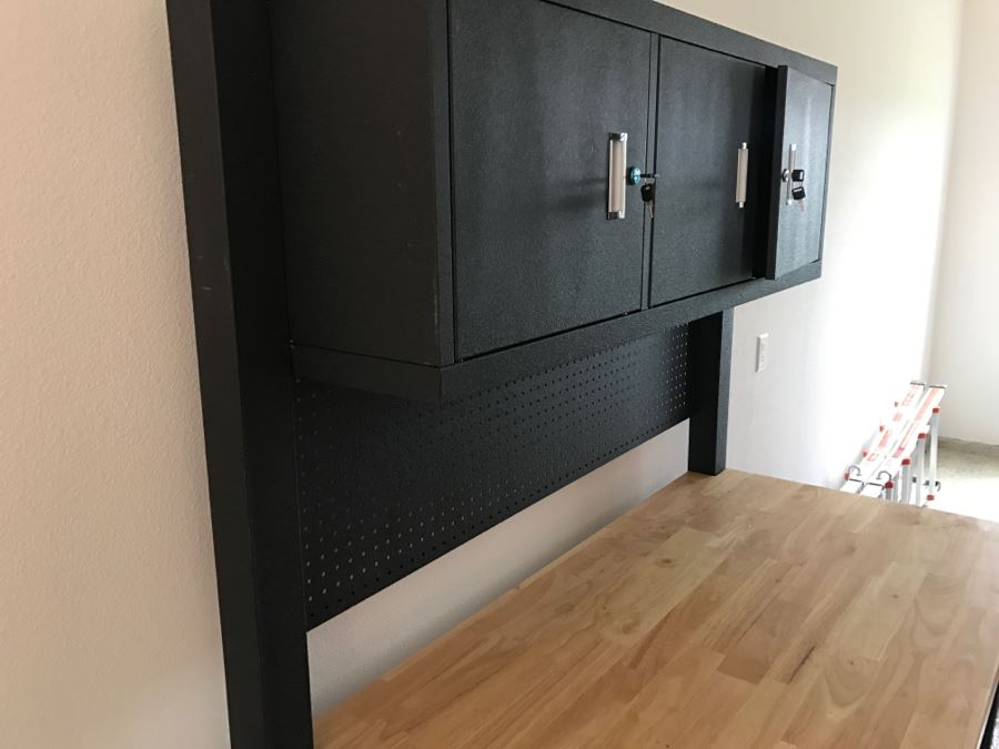 Heavy Duty Garage Butcher Block Top Workbench With Top Lockable Lockers On Heavy Duty Casters Like New [Photo 25]