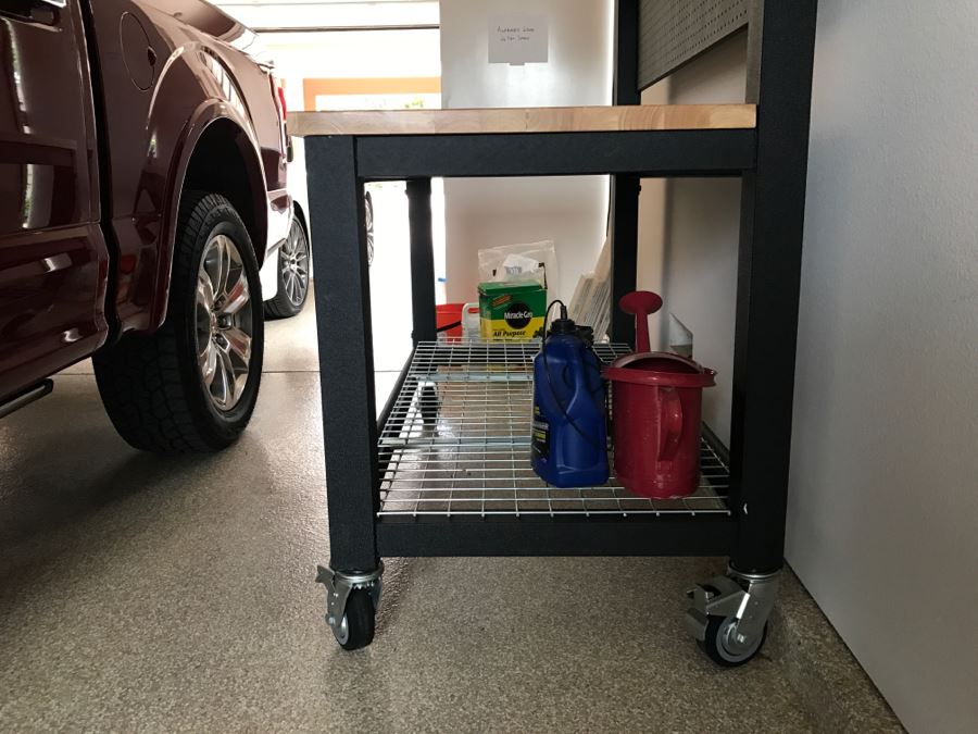 Heavy Duty Garage Butcher Block Top Workbench With Top Lockable Lockers On Heavy Duty Casters Like New [Photo 15]