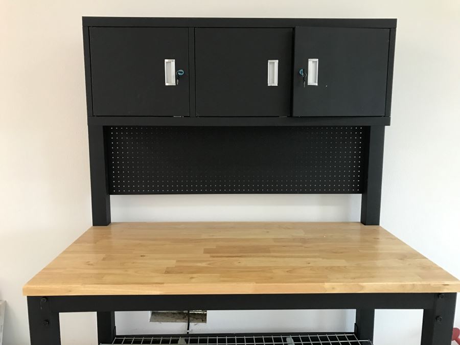 Heavy Duty Garage Butcher Block Top Workbench With Top Lockable Lockers On Heavy Duty Casters Like New [Photo 6]