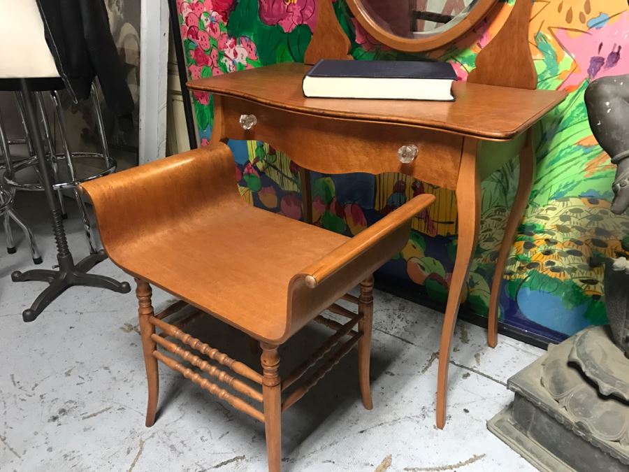 JUST ADDED - Vintage Birdseye Maple Vanity With Swivel Beveled Glass Mirror And Matching Bench Seat 32'W X 18'D X 55'H [Photo 21]