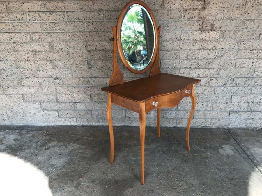 JUST ADDED - Vintage Birdseye Maple Vanity With Swivel Beveled Glass Mirror And Matching Bench Seat 32'W X 18'D X 55'H [Photo 6]