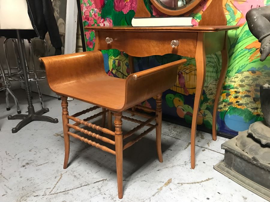 JUST ADDED - Vintage Birdseye Maple Vanity With Swivel Beveled Glass Mirror And Matching Bench Seat 32'W X 18'D X 55'H [Photo 20]