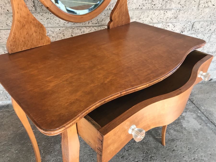 JUST ADDED - Vintage Birdseye Maple Vanity With Swivel Beveled Glass