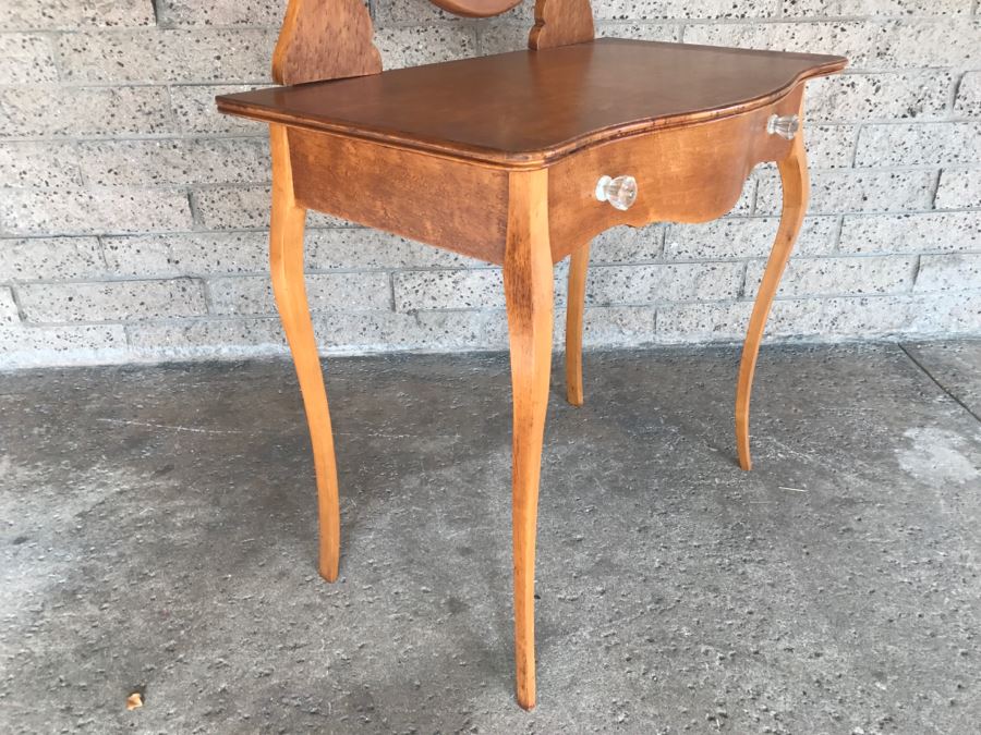 JUST ADDED - Vintage Birdseye Maple Vanity With Swivel Beveled Glass Mirror And Matching Bench Seat 32'W X 18'D X 55'H [Photo 7]
