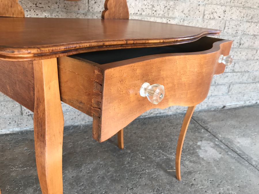 JUST ADDED - Vintage Birdseye Maple Vanity With Swivel Beveled Glass Mirror And Matching Bench Seat 32'W X 18'D X 55'H [Photo 11]