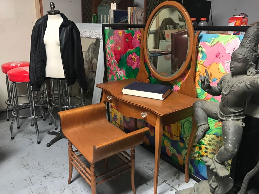 JUST ADDED - Vintage Birdseye Maple Vanity With Swivel Beveled Glass Mirror And Matching Bench Seat 32'W X 18'D X 55'H [Photo 15]