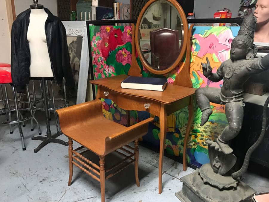 JUST ADDED - Vintage Birdseye Maple Vanity With Swivel Beveled Glass Mirror And Matching Bench Seat 32'W X 18'D X 55'H [Photo 1]
