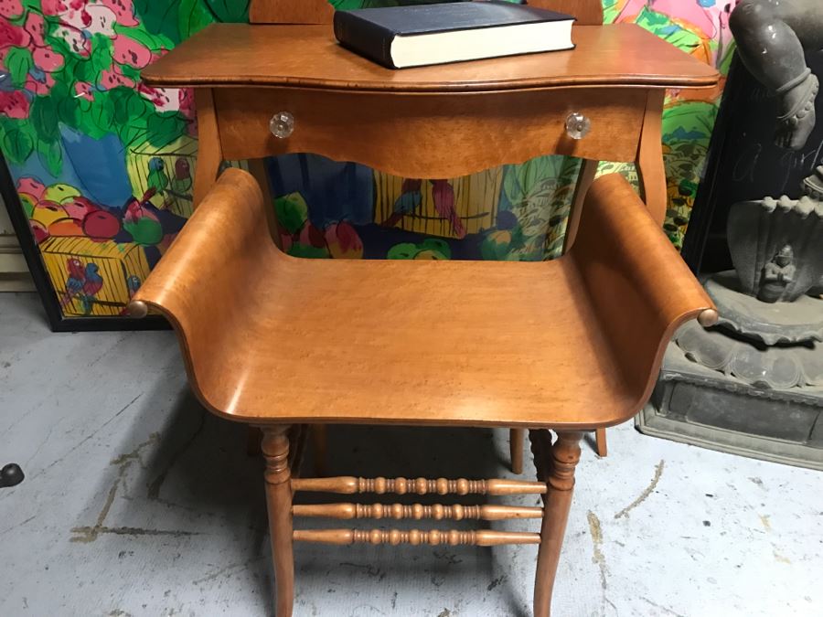 JUST ADDED - Vintage Birdseye Maple Vanity With Swivel Beveled Glass Mirror And Matching Bench Seat 32'W X 18'D X 55'H [Photo 19]