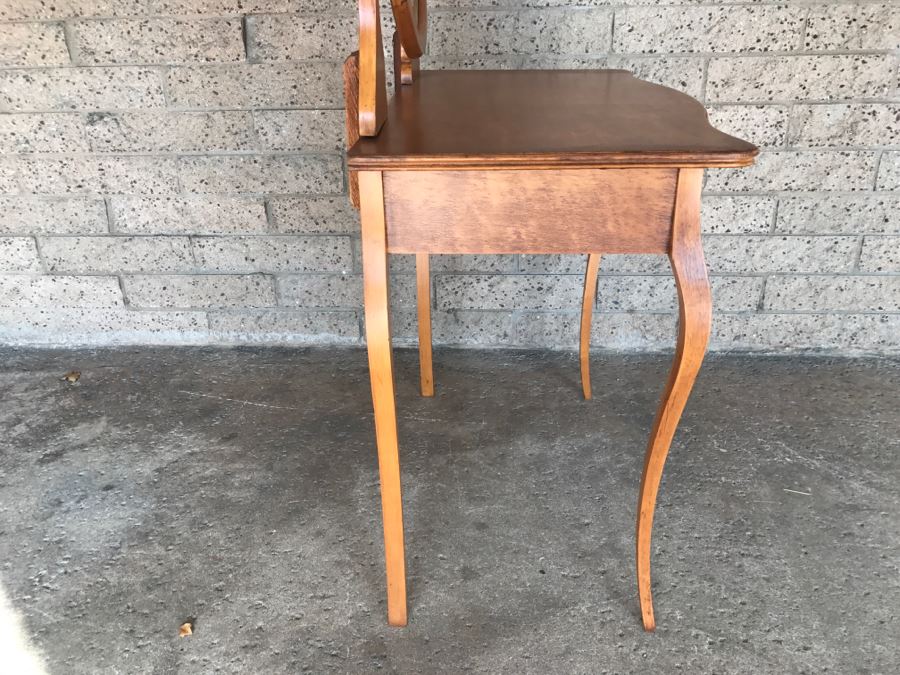 JUST ADDED - Vintage Birdseye Maple Vanity With Swivel Beveled Glass Mirror And Matching Bench Seat 32'W X 18'D X 55'H [Photo 8]