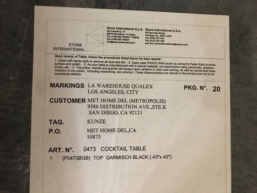 JUST ADDED - Italian Black Marble Top Cocktail Table METROPOLIS - Slight Crack In Marble Top - Comes With Extra Marble Top In Shipping Crate 43' X 43' [Photo 4]