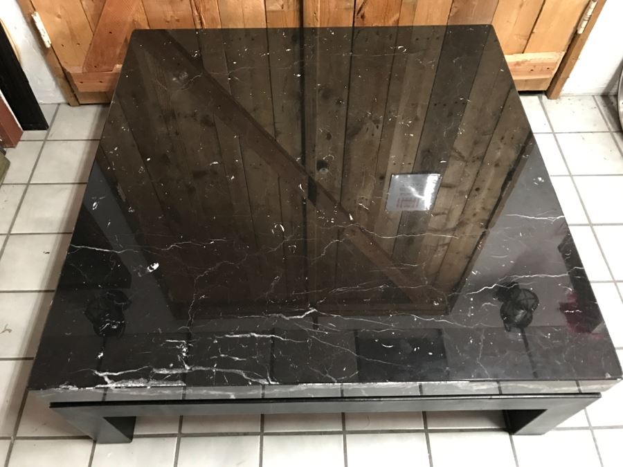 JUST ADDED - Italian Black Marble Top Cocktail Table METROPOLIS - Slight Crack In Marble Top - Comes With Extra Marble Top In Shipping Crate 43' X 43' [Photo 11]