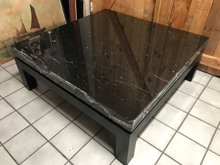 JUST ADDED - Italian Black Marble Top Cocktail Table METROPOLIS - Slight Crack In Marble Top - Comes With Extra Marble Top In Shipping Crate 43' X 43' [Photo 12]